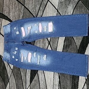 WOMEN'S PATCHED OMBRE PINK LEOPARD PRINT DISTRESSED HIGH-WAISTED DENIM JEAN XL